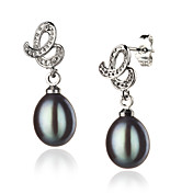 aa 8-9mm nero orecchino di perla d'acqua dolce con chiusura in argento sterling
