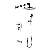 Contemporary Chrome Wall Mount Tub Shower Faucet with 8 inch Shower Head + Hand Shower