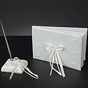 Simple Wedding Guest Book And Pen Set In White Satin