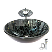 Black wave Tempered glass Vessel Sink With Waterfall Faucet ,Pop - Up drain and Mounting Ring