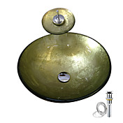 Golden Tempered glass Vessel Sink With Waterfall Faucet ,Pop - Up drain and Mounting Ring