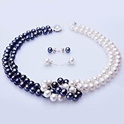 blanc et bleu collier de perles d'eau douce et boucles d'oreilles