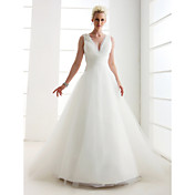 A-line V-neck Floor-length Tulle Wedding Dress