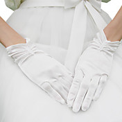 Satin Wrist Length Bridal Gloves With Ruching And Pearls
