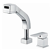 Contemporary Solid Brass Widespread Pull Out Kitchen Faucet (Chrome Finish)