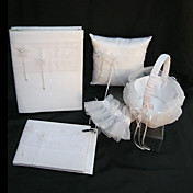 collection de mariage élégant mis en satin blanc (album photo, un oreiller anneau, corbeille de fleurs, livre d'or, jarretière)