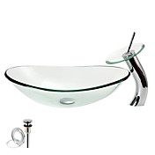 Round Tempered Glass Vessel Sink With Waterfall Faucet ,Pop - Up drain and Mounting Ring