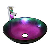 VT4239 Tempered Glass Vessel Round Sink With Single Handle Faucet and Mounting Ring and Pop-Up drain