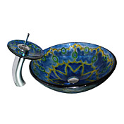 4245 Tempered Glass Vessel Round Sink With Waterfall Faucet and Mounting Ring and Pop-Up Drain