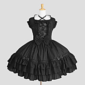 Straped Short Sleeve Knee-length Black Cotton Gothic Lolita Dress
