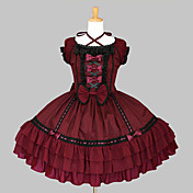 Short Sleeve Knee-length Wine Red Cotton Black Trim Gothic Lolita Dress