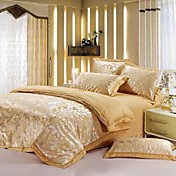 4 PCS Amarelo Algodão Jacquard Floral Full / Rainha Conjunto Capa de edredon