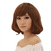 Capless Medium Long Light Brown Curly Synthetic Fiber Wigs Full Bang