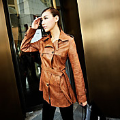Women's Belted Solid Color PU Leather Coat