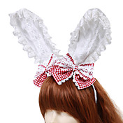 Handmade White Cotton Bunny Ears Red Check Pattern Bow Sweet Lolita Headband