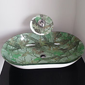 4244 Tempered Glass Vessel Rectangular Sink With Waterfall Faucet and Pop-Up Drain and Mounting Ring