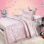 4 PCS 400TC Rose Jacquard Silk Fringed Duvet Cover Set