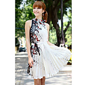 Women's Ombre Floral Print Pleated Bow Decor Dress