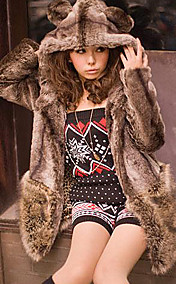 Long Sleeve Hooded Collar Evening/ Career Faux Fur Coat With Pockets