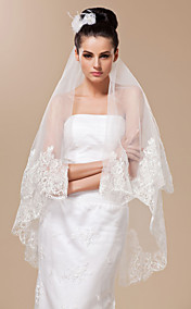 Two-tier Fingertip Length Wedding Veil With Lace Applique Edge