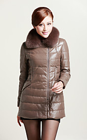 Fashion Long Sleeve Fox Fur Collar Casual/Evening Lambskin Leather Coat with Down(More Colors)