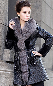 Gorgeous Long Sleeve Fox Fur Shawl Collar Lambskin Leather With Mink Fur Casual/Party Coat