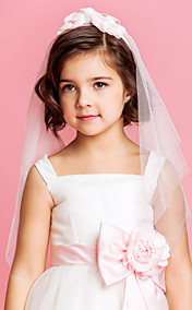 Deux niveaux de mariage coude Flower Girl Veil avec l'arc de satin