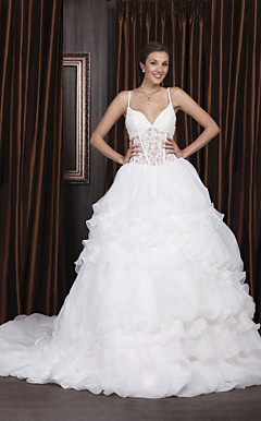 Ball Gown Spaghetti Straps Court Train Organza Tiered Wedding Dress