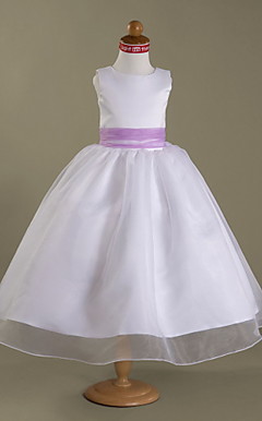 A-line Jewel Tea-length Satin And Organza Flower Girl Dress