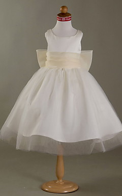 A-line Scoop Satin Tulle Tea-length Flower Girl Dress