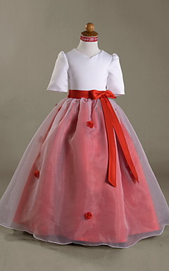 Ball Gown V-neck Floor-length Satin Organza Flower Girl Dress