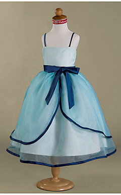 Ball Gown Spaghetti Straps Tea-length Satin Organza Flower Girl Dress