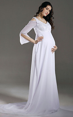 Sheath/ Column Empire V-neck Chiffon Maternity Wedding Dress With Beaded Appliques