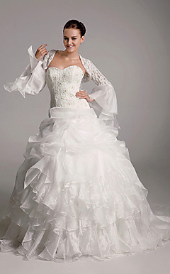 Ball Gown Sweetheart Court Train Organza Tiered Wedding Dress with Wrap
