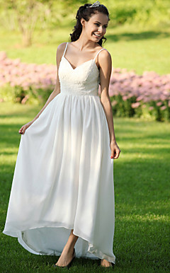 A-line Spaghetti Straps Asymetrical Chiffon Elastic Satin Wedding Dress