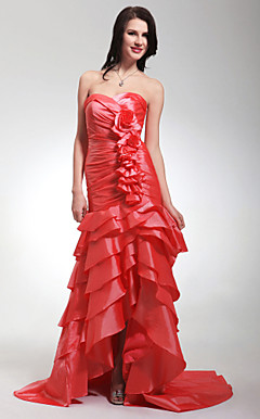 Trumpet/ Mermaid Sweetheart Asymmetrical Sweep/ Brush Train Taffeta Tiered Evening Dress