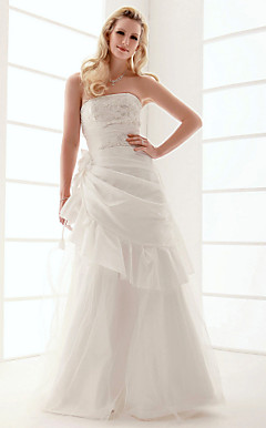 A-line Floor-length Strapless Tulle Wedding Dress with 3D Flower