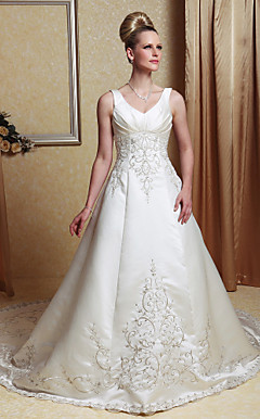 A-line V-neck Chapel Train Satin Beading Wedding Dress