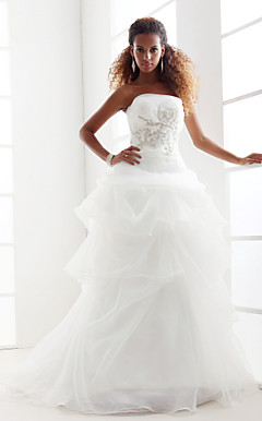 A-line Strapless Chapel Train Organza Wedding Dress