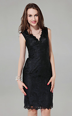 Sheath/ Column V-neck Knee-length Lace Cocktail Dress