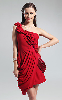 Sheath/ Column One Shoulder Short/ Mini Side-Draped Chiffon Cocktail Dress