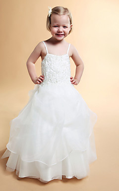 A-line Spaghetti Straps Floor-length Satin Tulle Flower Girl Dress