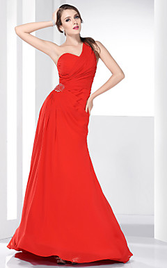A-line One Shoulder Sweep/ Brush Train Chiffon Evening Dress