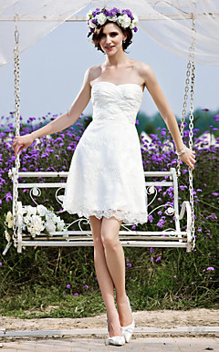 robe de mariée dentelle mousseline de soie à court / mini A-ligne bretelles