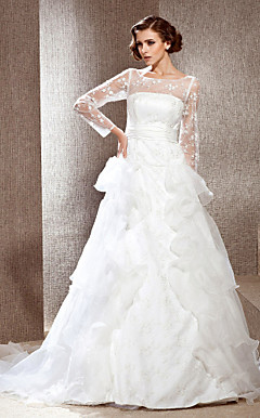 A-line Scoop Cathedral Train Lace Wedding Dress
