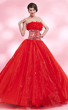 A-line Strapless Floor-length Organza Satin Evening Dress