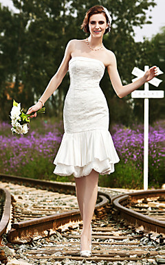 Trumpet/Mermaid Strapless Knee-length Satin Lace Wedding Dress