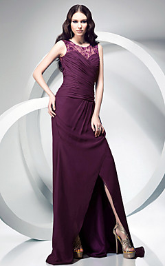 Sheath/Column Jewel Neck Chiffon Over Lace Evening Dress With Sweep/Brush Train