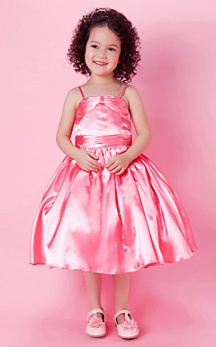 Ball Gown Spaghetti Straps Tea-length Stretch Satin Flower Girl Dress