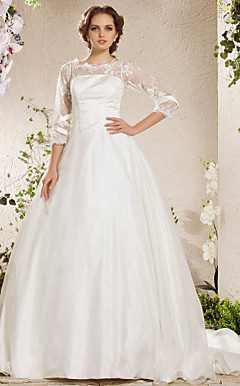 Ball Gown Bateau Chapel Train Lace Organza Weeding Dress